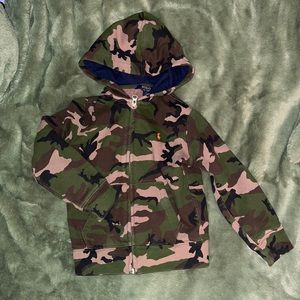 Polo by Ralph Lauren, boys zip up camo hoodie with orange logo, like new